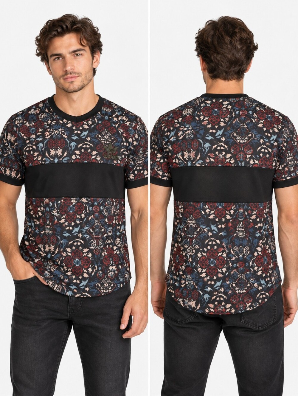 Adidas Originals Graphic Tapestry Jersey Tee Men Black Burgundy Blue Colorblock